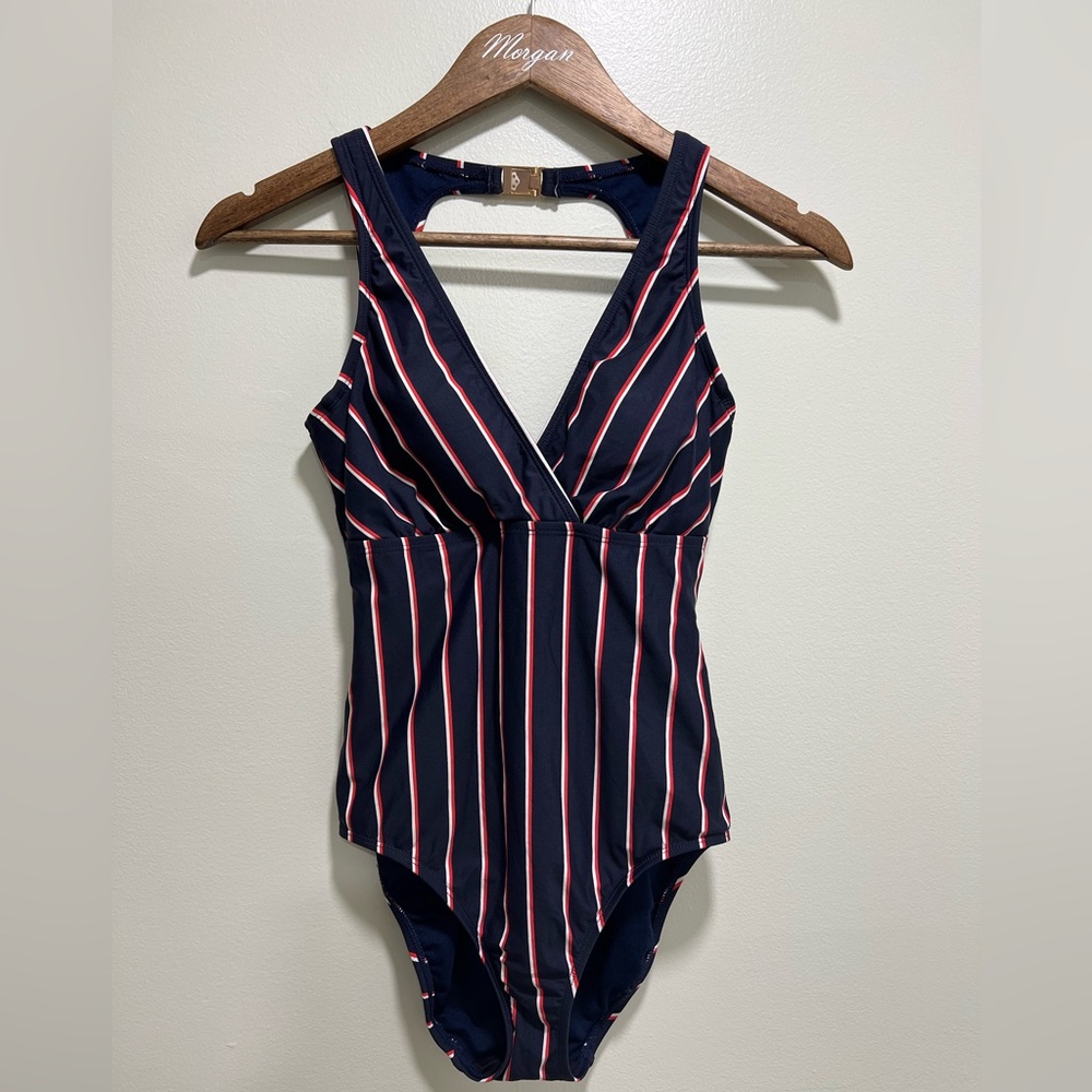 LAUREN Ralph Lauren Navy Striped Tie-back Women’s One-piece Swimsuit, Small - Picture 1 of 8